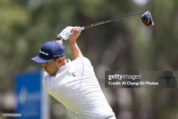 Rico Hoey of the United States tees off on hole during the final round of the Barracuda Championship at Old Greenwood on July 23, 2023 in Truckee,...