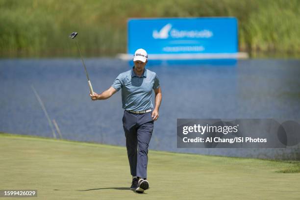 Martin Trainer of the United States acknowledges the crowd after he sinks his birdie putt on hole during the final round of the Barracuda...