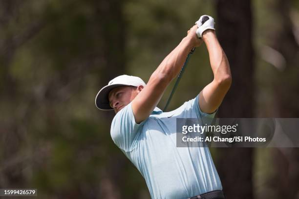 Cameron Champ of the United States tees off on hole during the final round of the Barracuda Championship at Old Greenwood on July 23, 2023 in...