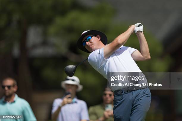 Joel Dahmen of the United States tees off on hole during the final round of the Barracuda Championship at Old Greenwood on July 23, 2023 in Truckee,...