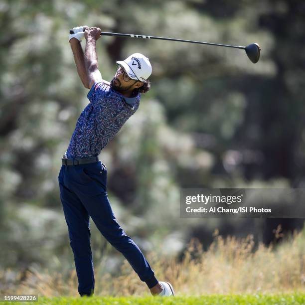 Akshay Bhatia of the United States tees off on hole during the final round of the Barracuda Championship at Old Greenwood on July 23, 2023 in...