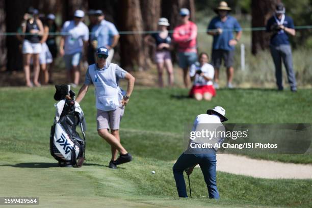 Joel Dahmen of the United States chips on hole during the final round of the Barracuda Championship at Old Greenwood on July 23, 2023 in Truckee,...