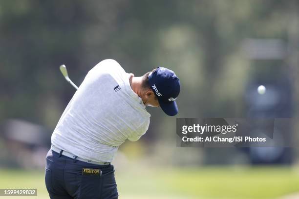 Rico Hoey of the United States hits an approach shot on hole during the final round of the Barracuda Championship at Old Greenwood on July 23, 2023...