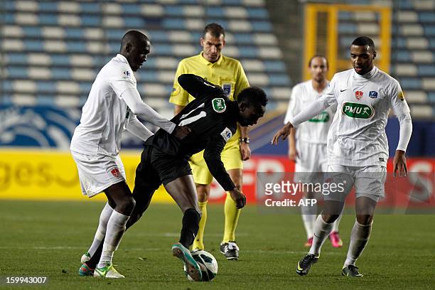 S forward Alassane N'Diaye fight for the ball during the French football Cup match CA Bastia vs Brest at the Armand Cesari stadium in Bastia, French...
