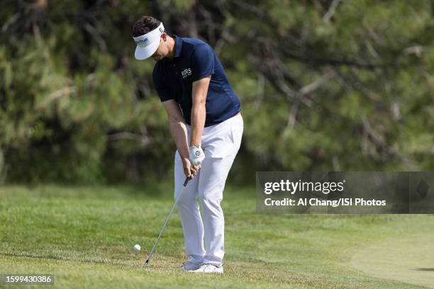 Beau Hossler of the United States chips on hole during the final round of the Barracuda Championship at Old Greenwood on July 23, 2023 in Truckee,...