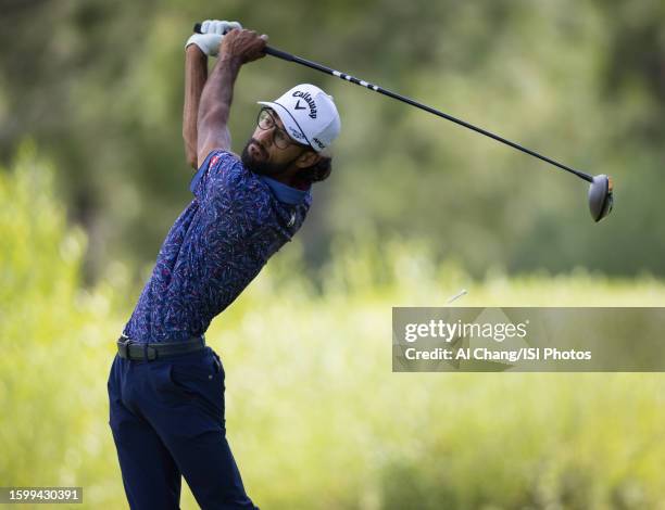 Akshay Bhatia of the United States tees off on hole during the final round of the Barracuda Championship at Old Greenwood on July 23, 2023 in...