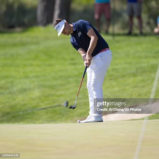 Beau Hossler of the United States putts on hole during the final round of the Barracuda Championship at Old Greenwood on July 23, 2023 in Truckee,...