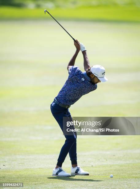 Akshay Bhatia of the United States hits an approach shot on hole during the final round of the Barracuda Championship at Old Greenwood on July 23,...