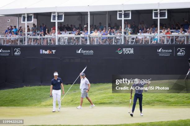 Akshay Bhatia of the United States celebrates after sinking a birdie putt to tie for the lead on hole during the final round of the Barracuda...