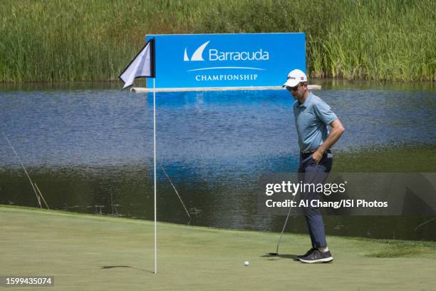 Martin Trainer of the United States lines up a short birdie putt on hole during the final round of the Barracuda Championship at Old Greenwood on...