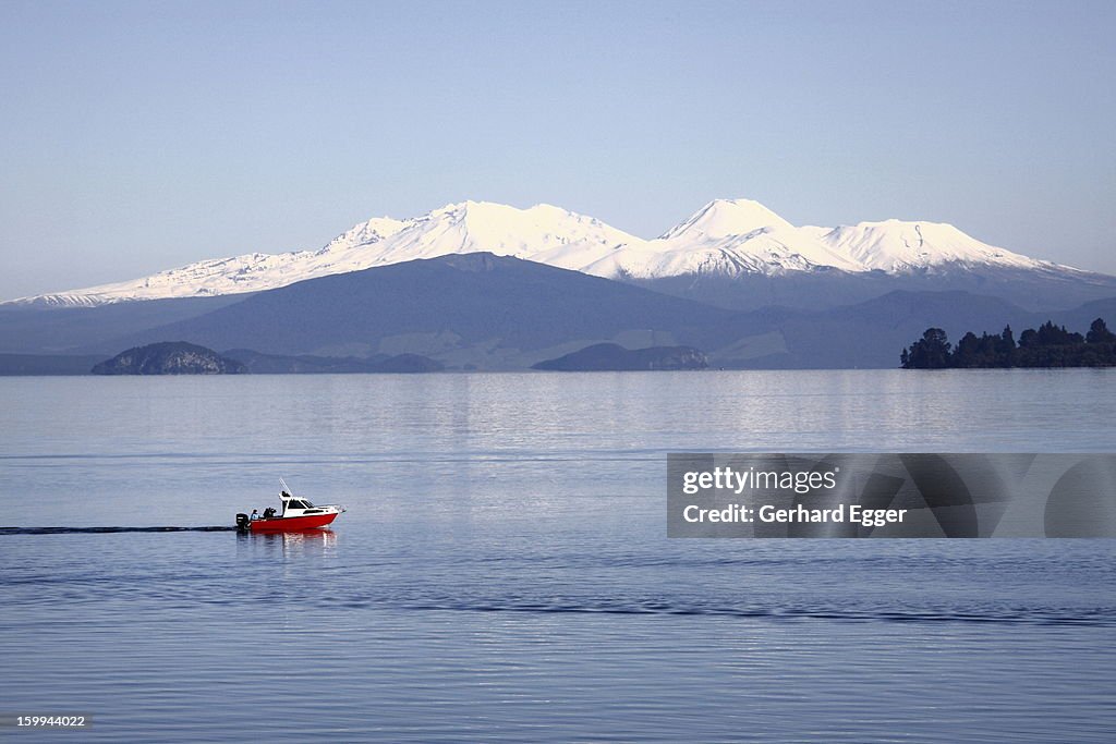 Red boat on Lake Taupo