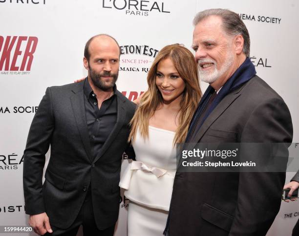 Actors Jason Statham and Jennifer Lopez pose with Director Taylor Hackford at a screening of "Parker" hosted by FilmDistrict, The Cinema Society,...