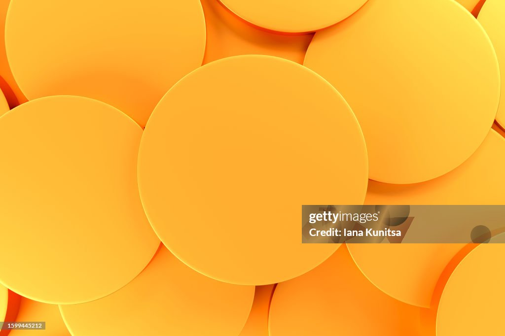 Bright yellow, orange color, golden circles, spheres shape background. Abstract 3D pattern. Geometric composition. Place for text. Design element.
