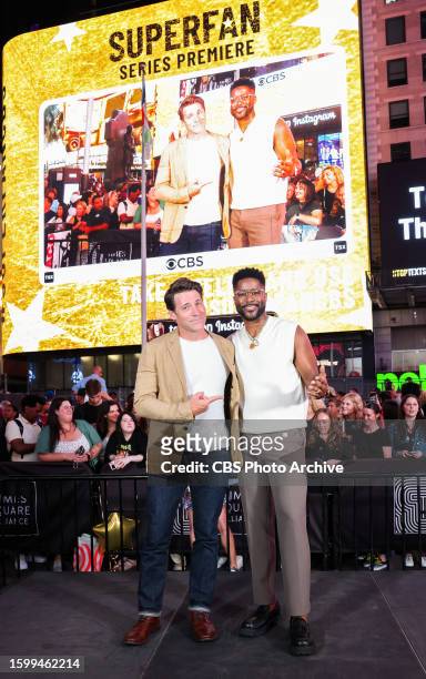 Tony Dokoupil and Nate Burleson at the TSX Screen Series Premiere Watch Party for SUPERFAN, CBS' new one-hour six episode unscripted series featuring...