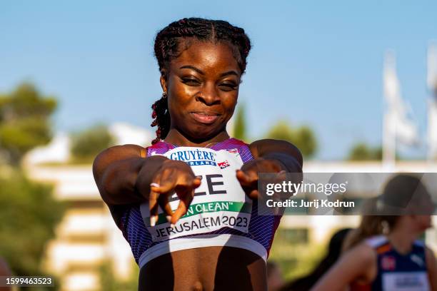 Joy Eze of Great Britain reacts after Women's 100m during European Athletics U20 Championships Jerusalem - Day One on August 07, 2023 in Jerusalem,...