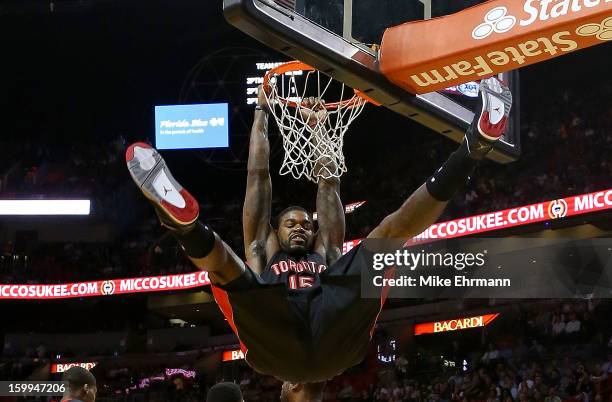Amir Johnson of the Toronto Raptors dunks during a game against the Miami Heat at American Airlines Arena on January 23, 2013 in Miami, Florida.