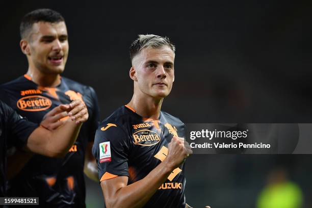 Ivan Ilic of Torino FC celebrates a goal during the Coppa Italia Round of 32 match between Torino FC and Feralpisalo at Stadio Olimpico Grande Torino...