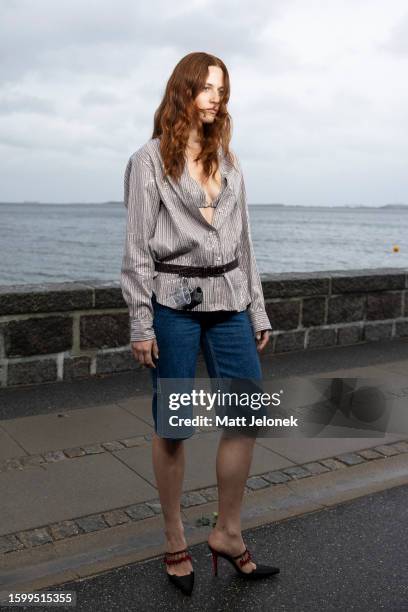 Model poses on the runway at the Saks Potts show during Copenhagen Fashion Week Spring/Summer 2024 on August 7, 2023 in Copenhagen, Denmark.