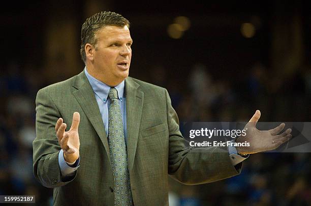 Head coach Greg McDermott of the Creighton Bluejays talk to his team during a game against the Northern Iowa Panthers at the CenturyLink Center on...