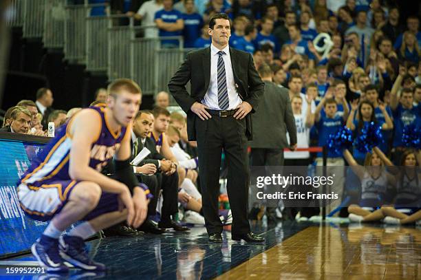 Head coach Ben Jacobson of the Northern Iowa Panthers watches during a game against the Creighton Bluejays at the CenturyLink Center on January 15,...