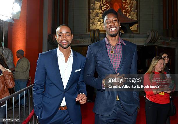 Actor Jay Ellis and NBA player Larry Sanders of the Milwaukee Bucks attend Relativity Media's "Movie 43" Los Angeles Premiere held at the TCL Chinese...