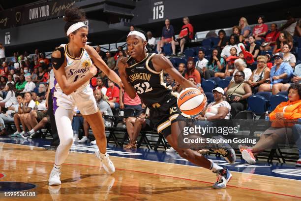 Shatori Walker-Kimbrough of the Washington Mystics drives to the basket during the game during the game against the Los Angeles Sparks on August 6,...