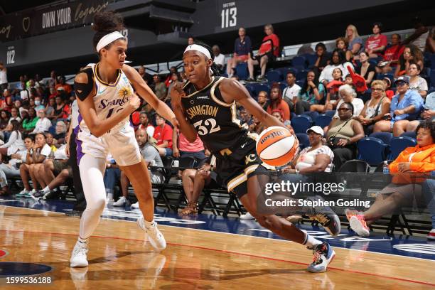 Shatori Walker-Kimbrough of the Washington Mystics drives to the basket during the game during the game against the Los Angeles Sparks on August 6,...