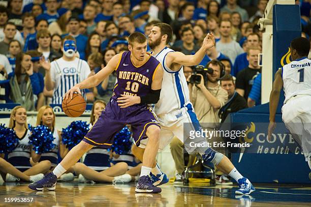 Ethan Wragge of the Creighton Bluejays guards Seth Tuttle of the Northern Iowa Panthers during their game at the CenturyLink Center on January 15,...