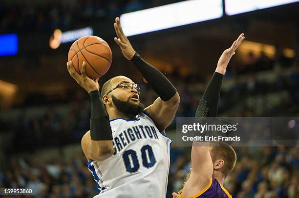 Gregory Echenique of the Creighton Bluejays shoots over the Northern Iowa Panthers during their game at the CenturyLink Center on January 15, 2013 in...