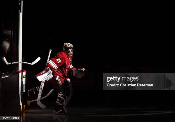 Goaltender Mike Smith of the Phoenix Coyotes skates out onto the ice before the NHL game against the Columbus Blue Jackets at Jobing.com Arena on...