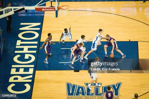 The Creighton Bluejays and the Northern Iowa Panthers play during a game at the CenturyLink Center on January 15, 2013 in Omaha, Nebraska. Creighton...