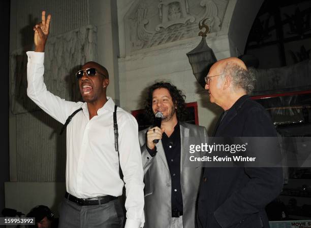 Actors J. B. Smoove, Jeffrey Ross, and Larry David attend the premiere of Relativity Media's "Movie 43" at TCL Chinese Theatre on January 23, 2013 in...