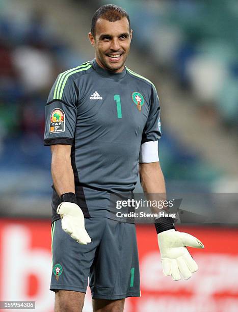 Goalkeeper Nadir Lamyaghri of Morocco is shown in action during the 2013 African Cup of Nations match between Morocco and Cape Verde at Moses Mahbida...