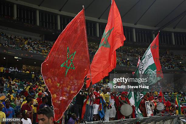 Flags fly during the 2013 African Cup of Nations match between Morocco and Cape Verde at Moses Mahbida Stadium on January 23, 2013 in Durban, South...