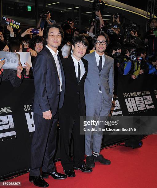 Han Suk-Kyu, director Ryoo Seung-Wan and Ryoo Seung-Bum attend the 'The Berlin File' Red Carpet & Vip Press Screening at Times Square on January 23,...