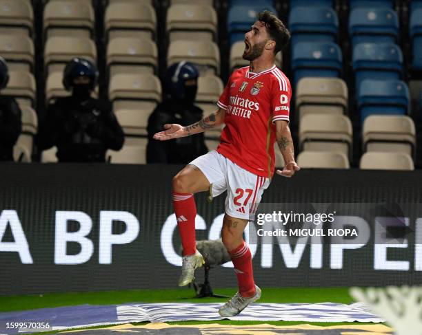 Benfica's Portuguese midfielder Rafa Silva celebrates after scoring a goal during the Portuguese Liga football match between Boavista FC and SL...