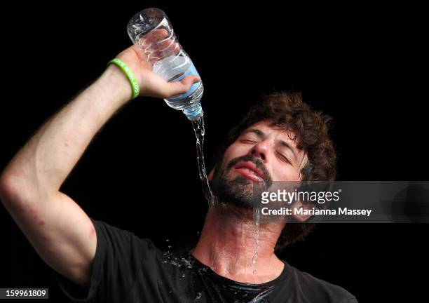 Lead singer of Bluejuice Jake Stone live at the Heineken Live Stage during day eleven of the 2013 Australian Open at Melbourne Park on January 23,...