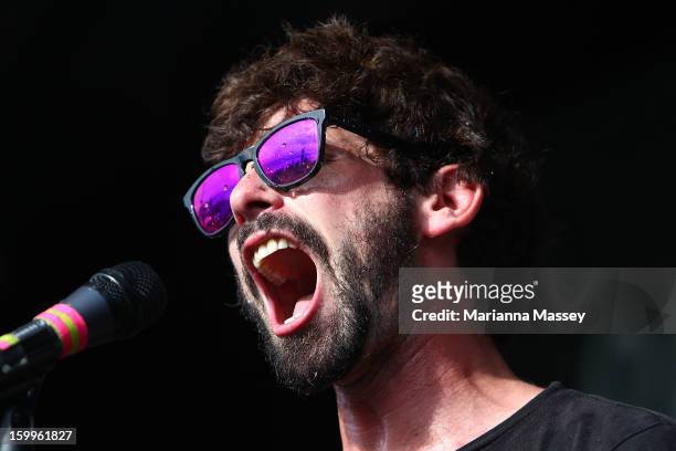 Lead singer of Bluejuice Jake Stone live at the Heineken Live Stage during day eleven of the 2013 Australian Open at Melbourne Park on January 23,...