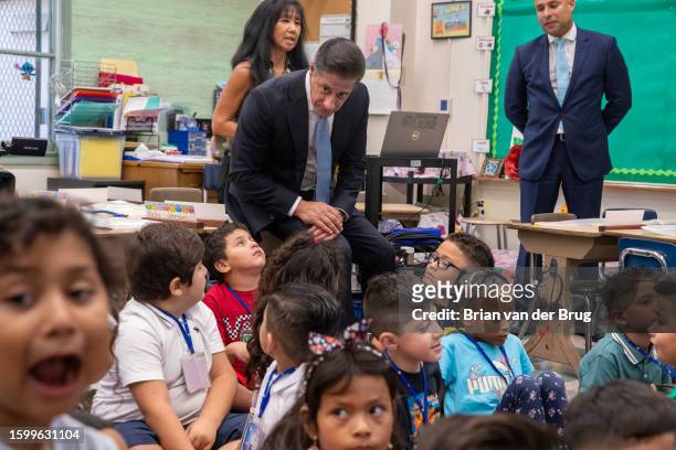 Valley Glen, CA Los Angeles Unified School District Superintendent Alberto Carvalho listens during a visit with first graders at Coldwater Canyon...