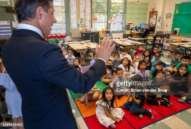 Valley Glen, CA Los Angeles Unified School District Superintendent Alberto Carvalho greets first graders at Coldwater Canyon Elementary on Monday,...
