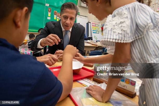 Valley Glen, CA Los Angeles Unified School District Superintendent Alberto Carvalho participates in a problem solving exercise with students at...