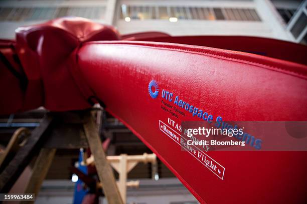 The UTC Aerospace Systems logo sits on a propeller cover during the construction of an ATR-72 turboprop aircraft, manufactured by Avions de Transport...