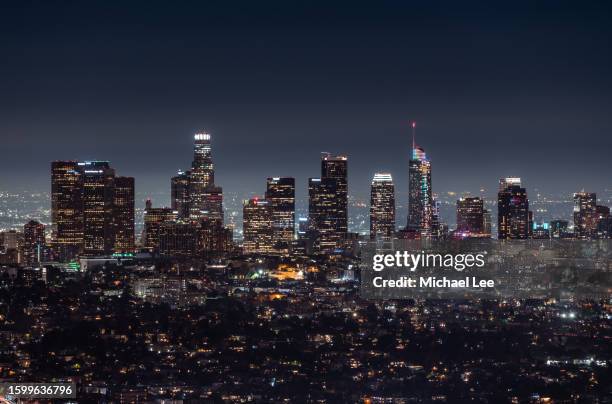 night view of downtown los angeles from griffith park - downtown los angeles stock pictures, royalty-free photos & images