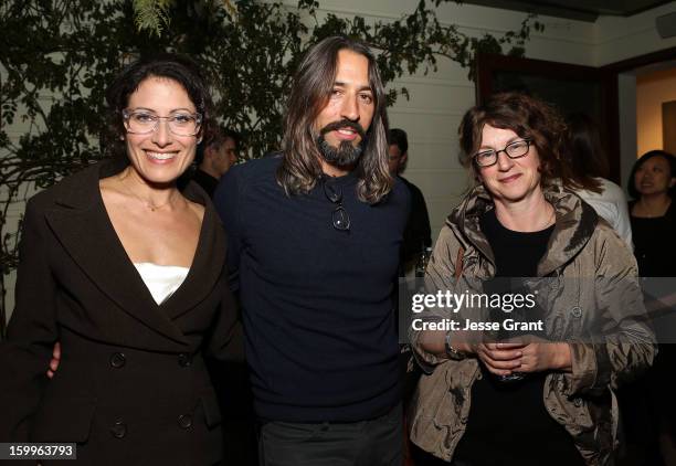 Lisa Edelstein, Robert Russell and Susanne Vielmetter attend the Art Los Angeles Contemporary Reception at the home of Gail and Stanley Hollander on...