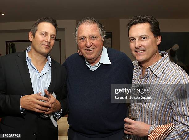 David Goldberg, Stanley Hollander and Grant Withers attend the Art Los Angeles Contemporary Reception at the home of Gail and Stanley Hollander on...