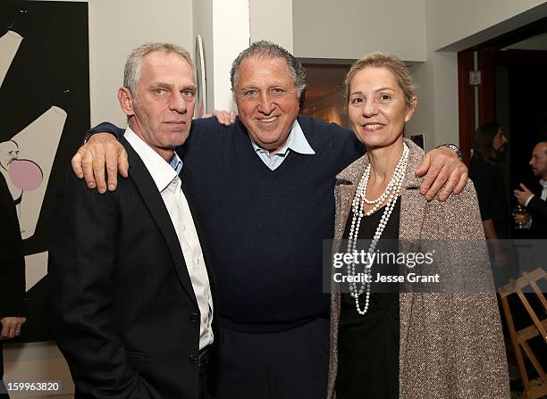 Mihai Nicodim, Stanley Hollandera and Onorina Nicodim attend the Art Los Angeles Contemporary Reception at the home of Gail and Stanley Hollander on...