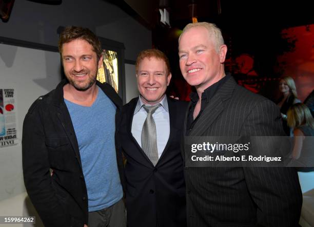 Actor Gerard, Relativity Media CEO Ryan Kavanaugh and actor Neal McDonough attend Relativity Media's "Movie 43" Los Angeles Premiere After Party held...