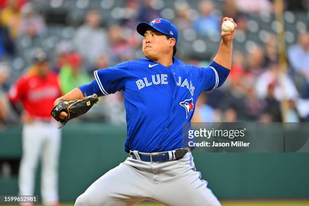 Starter Hyun Jin Ryu of the Toronto Blue Jays pitches in the first inning against the Cleveland Guardians at Progressive Field on August 07, 2023 in...
