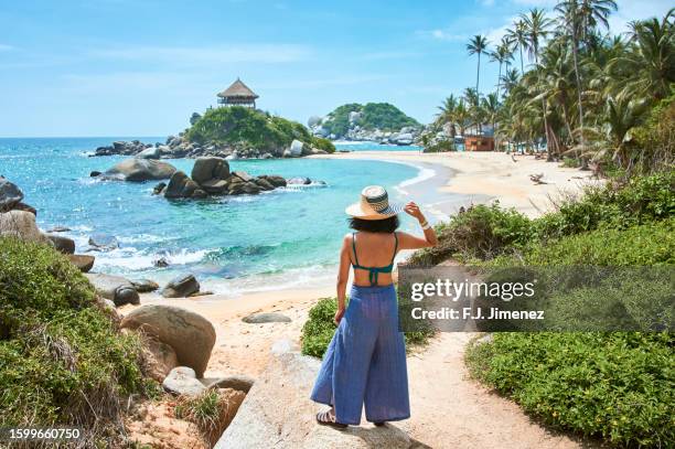 woman looking towards cabo san juan beach in tayrona national park in colombia - santa marta colombia stock-fotos und bilder