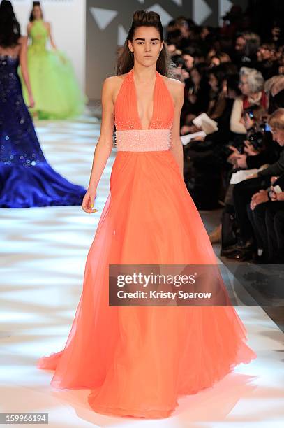 Model walks the runway during the Georges Chakra Spring/Summer 2013 Haute-Couture show as part of Paris Fashion Week at on January 23, 2013 in Paris,...